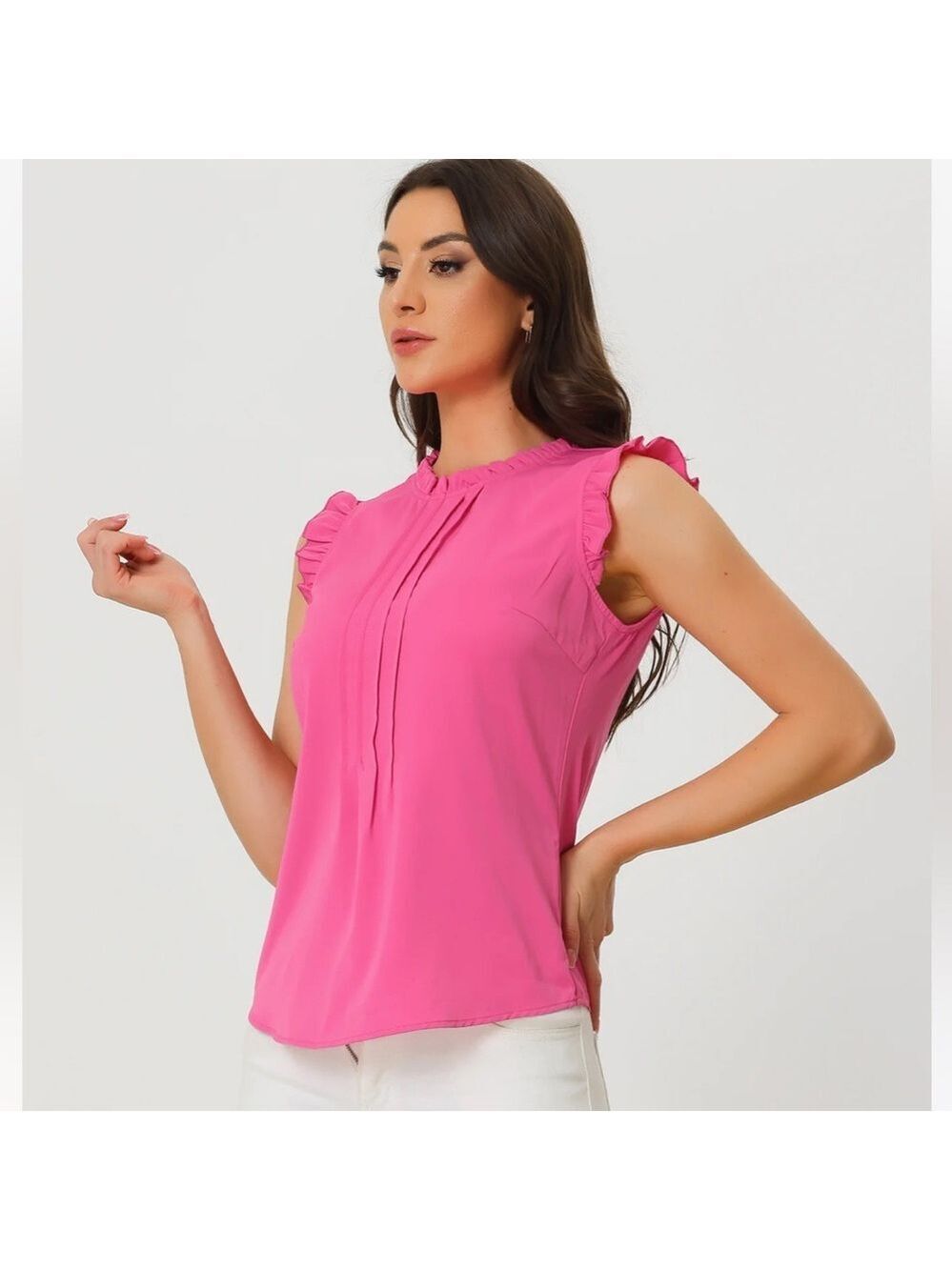 WOMEN’S PINK ALLEGRA K RUFFLE COLLAR SLEEVELESS BLOUSE SIZE LARGE - STUNNING!